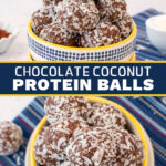 Two pictures of chocolate coconut protein balls