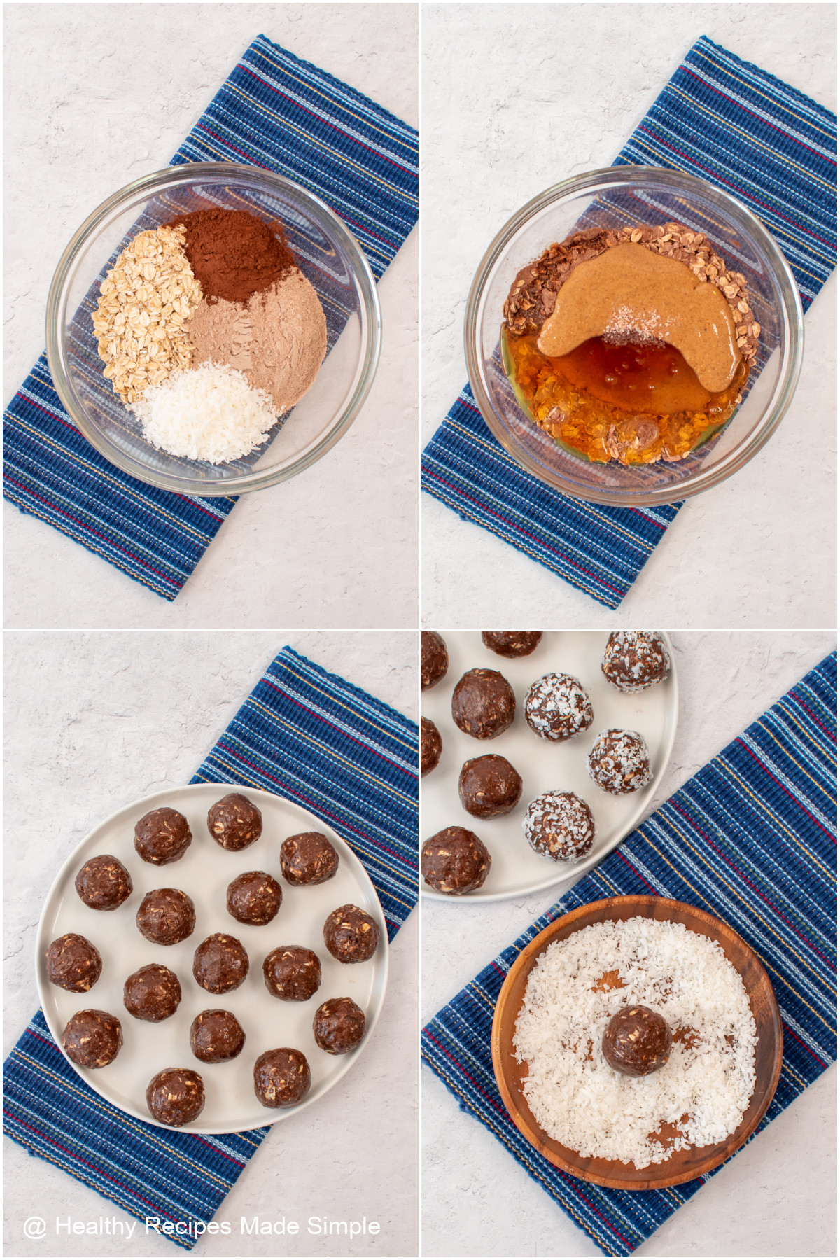 Four pictures collaged together showing the steps in making chocolate coconut protein balls.